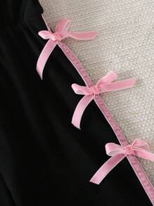 SHEIN 2025年夏季新款女婴黑色针织连体衣，饰有粉色蝴蝶结 - 黑色 - 查看 6