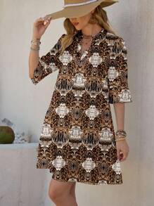 Shutterstock Glamance 女士豹纹V领喇叭袖迷你度假连衣裙豹纹连衣裙印花连衣裙七分袖连衣裙女士连衣裙动物印花连衣裙 - 咖啡 - 查看 6