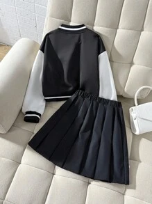 少女蝴蝶结装饰拼色棒球夹克和百褶迷你裙套装，适合秋季开学季和学院风 - 黑與白 - 查看 2