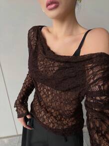 DAZY 女式蕾丝斜肩修身短款透明衬衫，白色，春夏秋季女装长袖上衣