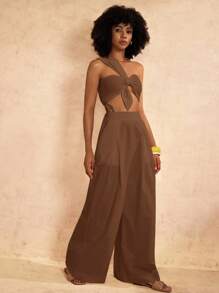 Zivah New Spring And Summer Casual And Elegant Vacation One-Shoulder Chest Knotted Strap Design Back Cropped Top + Wide-Leg Super Trousers White Woven Women's Two Pieces Set-A - Brown - View 5