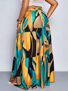 Maweii Plus Size Spring And Summer New Elastic Waist Strap Bowknot A-Line Large Skirt Slit Pleated Abstract Pattern Half Skirt Elegant Sexy Casual Everyday Beach Clothing Vacation Fashion Women's Clothing