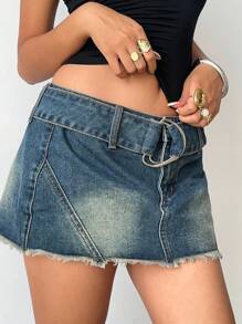 Aloruh Women's Dark Blue Jean Mini Skirt,D-Ring Buckle Frayed Hem Denim Piece For Summer Streetwear Y2k Night Out,Chic Light Wash Versatile Casual Skirt - Light Wash - View 5