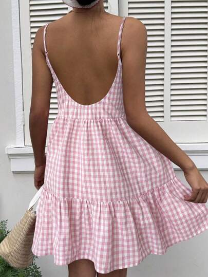 MainGRL Cute Sleeveless Mini Dress In Woven Fabric With Flounce Hem And Backless Design Pink Gingham Dress Backless Sundress Gingham Sundress