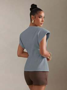 Hauture Front Buckle Cap Sleeve V-Neck Elegant Top - Blue - View 5