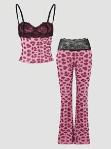 INAWLY 女式春季新款豹纹撞色蕾丝吊带背心和睡裤（松紧腰）