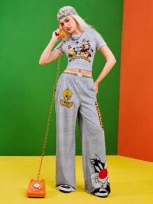 LOONEY TUNES X SHEIN 2pcs/Set Women Letter & Cartoon Graphic Short Sleeve Crop Top And Elastic Waist Wide Leg Pants - Grey - View 4