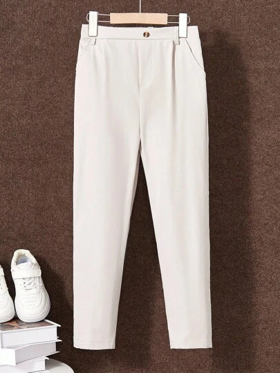 SHEIN Tween Boy Solid Color Pleated Casual Tapered Pants, Suitable For School & Party
