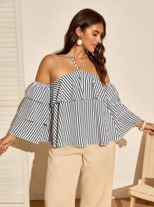 EMERY ROSE 大码黑白条纹休闲无袖细肩带背心，修身设计