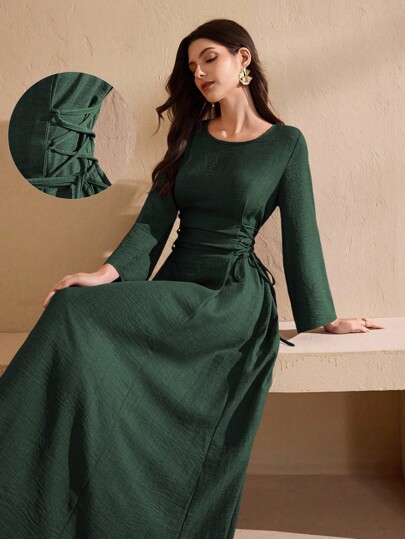 Graceveil Vestido elegante com decote redondo e gravata cruzada em cores sólidas