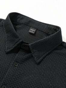 Manfinity Homme Men Casual Textured Button Up Shirt Set, Short Style Men Black Two Pieces Set Men Black Outfit Men Knit Shirt Men Casual Top And Bottom Set Black Vacation Outfit Men - Black - View 4