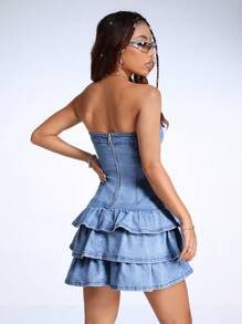SHEIN ICON Strapless Plain Denim Mini Dress Featuring Layered Hem For A Stylish And Feminine Look, Women Denim Dress, Jeans Dress - Medium Wash - View 2