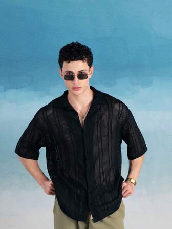 Manfinity BRENVOR Men's Breathable Basic Fashionable Boho Woven Leisure Oversize Short-Sleeve Hawaiian Shirt For Beach Vacation, Beachwear