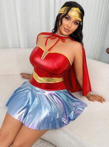 Fantasy Costume Set da 3 pezzi per taglie oversize: Abito uniforme da supereroe in ecopelle con scollo a V profondo + copricapo + mantello, abito da festa per club