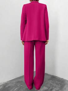 EURMUSE Women's Daily Casual Solid Button Suit Set - Hot Pink - View 2