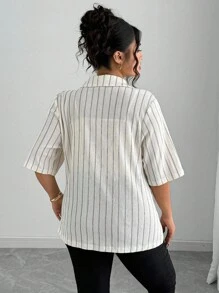 Elenzga Plus Size Women Elegant Striped Lapel Short Sleeve Open Front Fake Pocket Loose Blazer Jacket