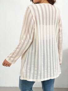 SHEIN Essnce 大码女装春夏时尚休闲宽松舒适日常透视纹理面料杏色长袖开衫外套，秋季女装，外出上衣，女士早午餐装，简约风格 - 杏色 - 查看 2