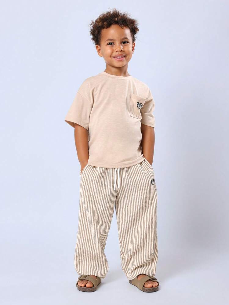 Casual Pocket T-Shirt And Striped Pants Co-Ord Set