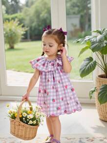 SHEIN 女婴草莓印花荷叶边领无袖连衣裙，可爱甜美清新休闲舒适宽松刺绣格子公主裙，夏季 - 彩色 - 查看 2