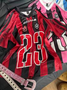 Coolane Áo thun cổ chữ V tay raglan hở vai họa tiết sọc số ngày thi đấu thể thao Y2K Blockcore dành cho nữ mùa xuân - Màu Đỏ Sâu - Xem 7