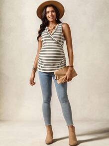 Boho Mama Maternity Summer Casual Striped Print Surplice Neck Ruched Side Nursing Tank Top Maternity Tops Maternity T-Shirts Pregnancy Clothes Maternity Shirts Maternity Tank Tops
