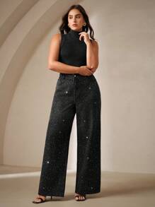 Anewsta Jeans a gamba larga con strass, taglie forti, moda donna