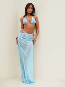 Swim Chiccia 3pcs/Set Top de Bikini con Cuello Halter y Lazo, Braguita Triangular y Pareo Casual de Playa para Mujer, Traje de Baño para Vacaciones de Verano en la Playa - Azul - Ver 5