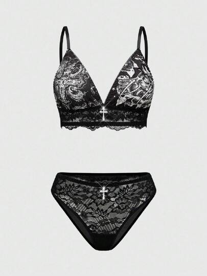 Goth Gothic Dark Skeleton Floral Cross Bralette & Lace Trim Thong Brief Sets