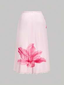 SHEIN MOD 大码网眼花卉印花粉色半身裙 - 粉色 - 查看 2