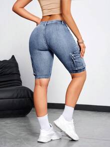 SHEIN ICON Women's Casual Washed Denim Cargo Shorts