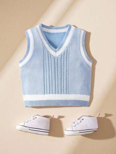 SHEIN Baby Boy Contrast Binding Cable Knit Sweater Vest