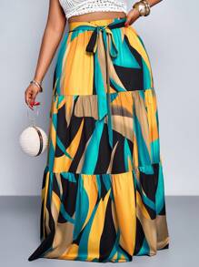 Maweii Plus Size Spring And Summer New Elastic Waist Strap Bowknot A-Line Large Skirt Slit Pleated Abstract Pattern Half Skirt Elegant Sexy Casual Everyday Beach Clothing Vacation Fashion Women's Clothing