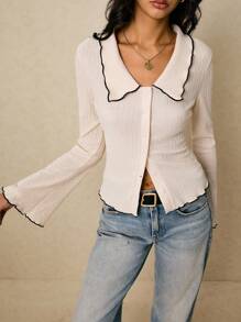 Poéselle Áo khoác cardigan trắng, Trang phục mùa thu nữ, Áo cardigan dệt kim gân cổ bèo viền tương phản | Áo kiểu tay dài vạt bèo cho nữ, Áo viền răng cưa, Áo kiểu dệt kim gân, Áo len vạt bèo, Phong cách cô gái Pháp, Áo cardigan ngắn tay loe cài nút phía trước viền màu tương phản phong cách thường ngày cho nữ, Trang phục mùa thu nữ - Màu be - Xem 6