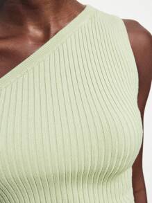 Maija Women's Solid Color Ribbed Sleeveless Casual Knit Top Asymmetrical Neck Top One Sleeve Top Ribbed Top Summer Tops,Vacation,Fall - Green - View 7
