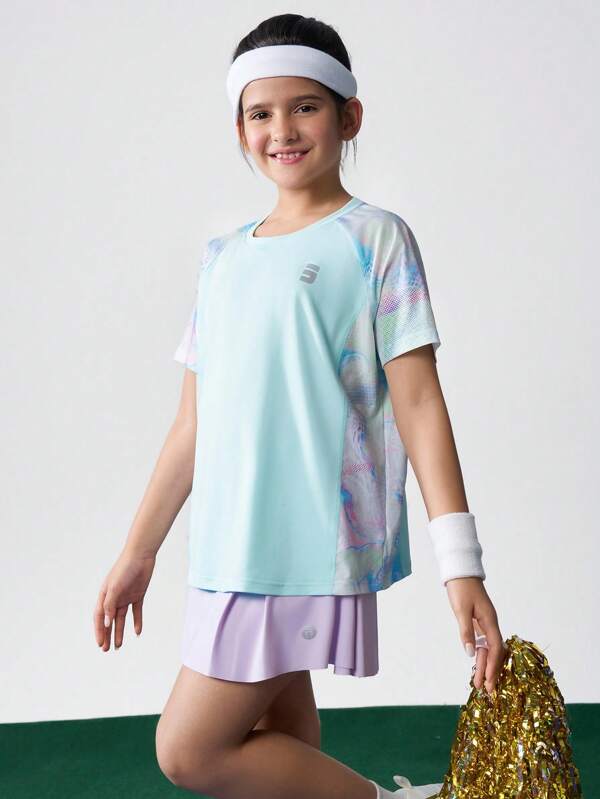 JNSQ Children's Summer New Professional Outdoor Sports Short-Sleeve T-Shirt, Tween Girl Round Neck 6-Threads Tie-Dye Printed Outdoor Sports T-Shirt