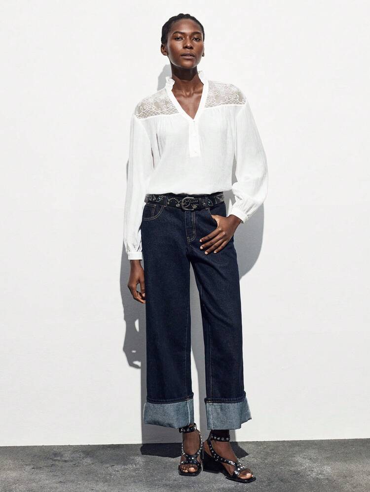 SHEIN Maija Women Frill Notch Neck Floral Lace Patchwork Lantern Sleeve Loose Blouse Lace Blouse White Lace Top White Blouse Lace Shirts White Blouses Elegant