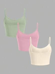 SHEIN EZwear 3 件粉色、橄榄绿、杏色女士修身短款休闲吊带背心，适合夏季 - 彩色 - 查看 2