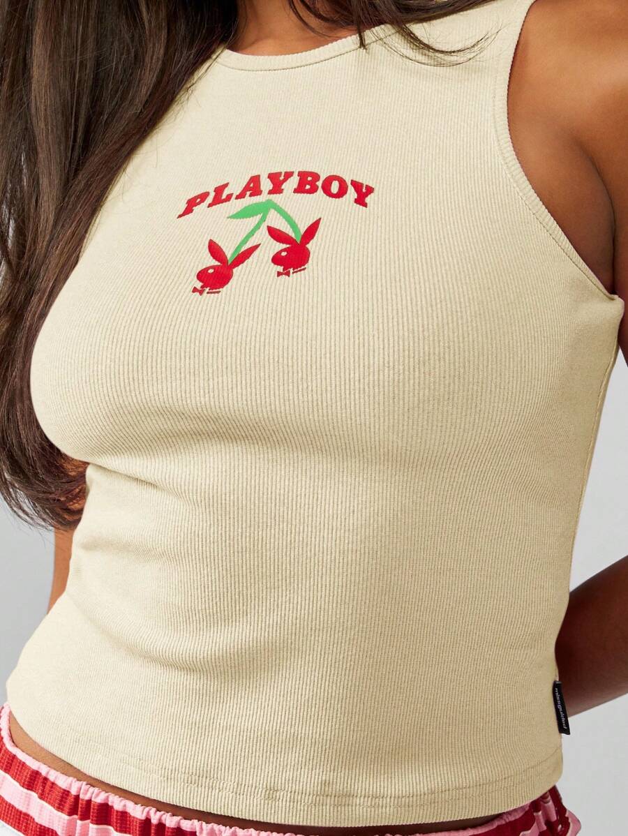 Missguided x Playboy Vintage inspiriertes Baumwollgemisch Tanktop mit Rückenteil, Kirsche Design, hoher Kragen, ärmelos, elastischer Rippstrick, Sommer Lässig Streetwear Y2K Tanktop