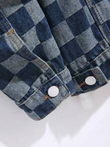 Manfinity Homme 男士长袖格子单排扣休闲牛仔夹克，秋季款 - 中等水洗藍 - 查看 5