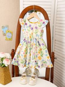 SHEIN Girls Elegant Floral Print Round Collar Flutter Sleeve Hollow Back Bow Decor Waist Ruffle Hem Casual Fashionable Dress, Suitable For Vacation/Travel In Summer Girls Floral Bow Dress Yellow Floral Girls Dress Girl Floral Dress Little Girl Floral Dress Girls Bow Dress Summer Holiday - Yellow - View 3