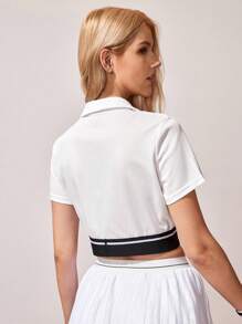 CourtClass Áo thun Polo thể thao dành cho nữ mùa xuân/hè, viền áo màu tương phản và họa tiết sọc in khẩu hiệu thể thao, cổ bẻ cài nút, tay ngắn lửng, thích hợp mặc thường ngày, chạy bộ, chơi tennis, chơi golf, tập gym - trắng - Xem 2