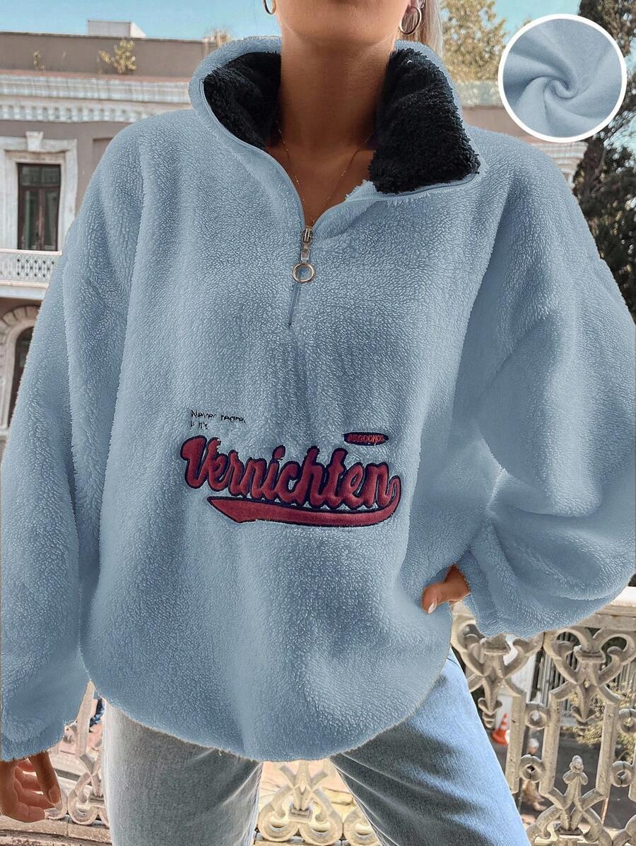 EURMUSE 女士休闲字母刺绣保暖卫衣，秋冬 - 淺藍色 - 查看 1