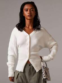 Athîral 女士优质束腰针织开衫 女士开衫 纽扣开衫 薄款开衫 V 领开衫 短款开衫 秋冬白色开衫 - 白色 - 查看 3