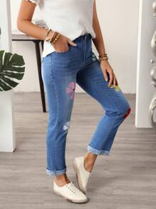EMERY ROSE Women Floral Embroidered Patch Skinny Casual Versatile Jeans