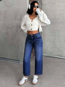 EURMUSE 低腰斜口袋雪花洗直筒牛仔裤 - 深色水洗藍 - 查看 3