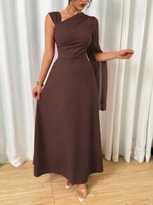 Modelyn Asymmetrical Neck Semi-Sheer Chiffon Waist Gathered Elegant Red Dress Fall Cloth For Women - Coffee - View 3