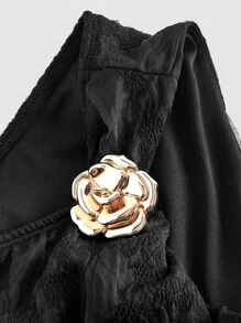 SHEIN MOD Knitted Jacquard Dress With Metallic Flower Decor, Asymmetric Shoulder And Ruffle Hemline - Black - View 3
