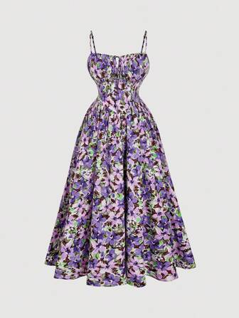 SHEIN MOD 大码女式花卉印花前系带休闲吊带裙，适合度假夏季女士连衣裙茶会连衣裙女装夏季连衣裙女式连衣裙太阳裙女式太阳裙女式复活节连衣裙女式长裙女式超长连衣裙女式连衣裙花卉、紧身胸衣连衣裙