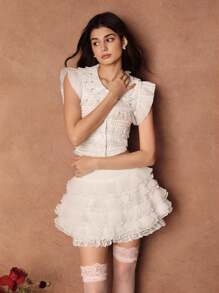 SHEIN Unity 女士浪漫优雅时尚派对多层荷叶边下摆迷你裙，仙女裙 - 白色 - 查看 4