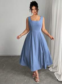 Elenzga Plus Size Women Square Neck A-Line Cinched Waist Elegant Dress, Bow, Birthday, Summer, Romantic, Graduation, Wedding Guest